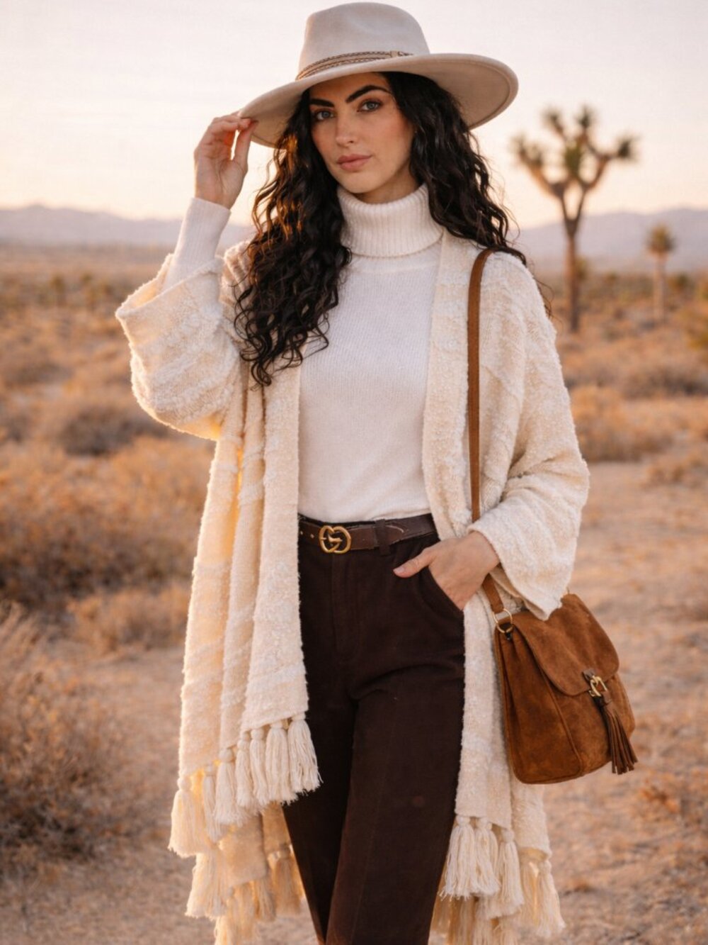 Cream nude Chunky Tassel Knit Ruana Cardigan